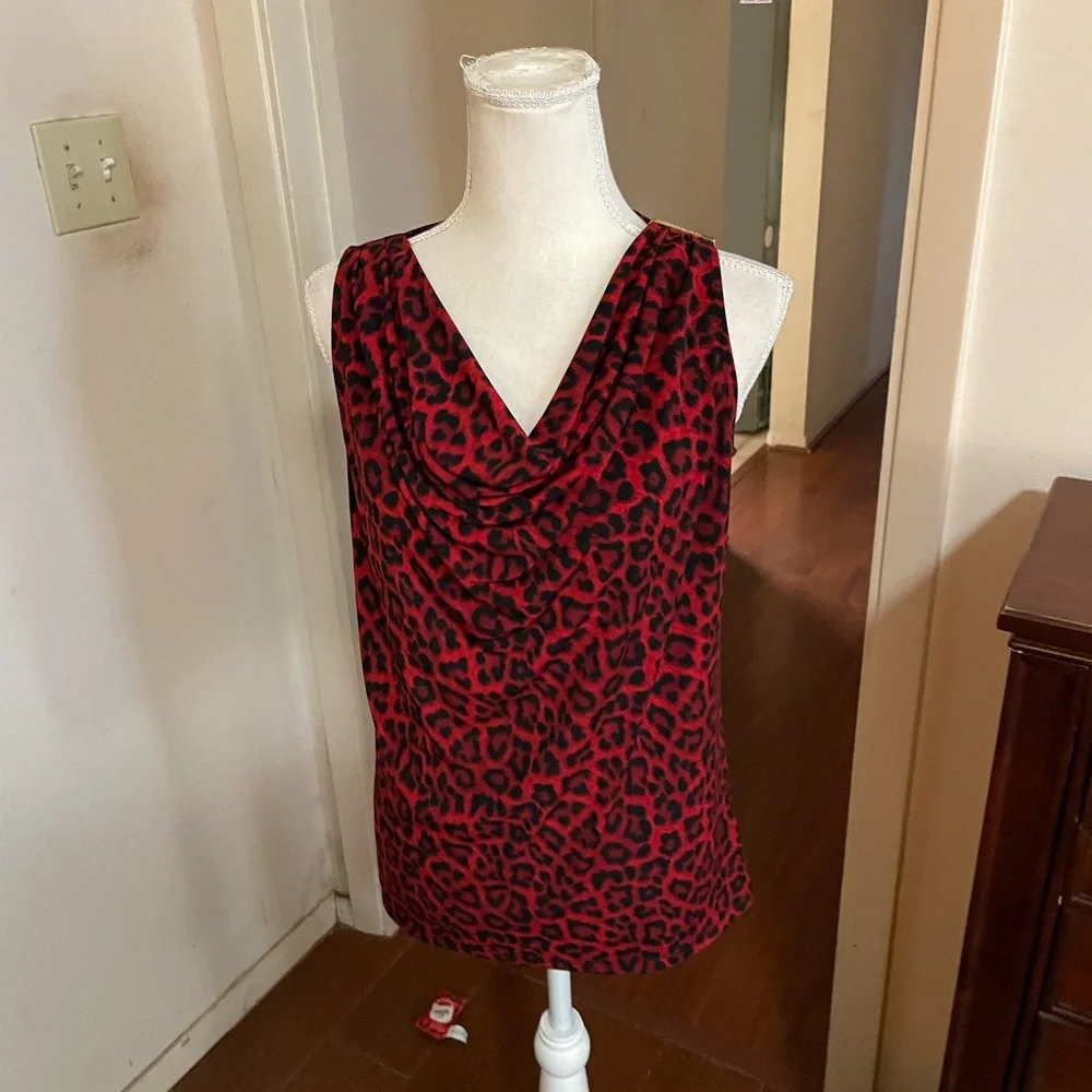 Michael Kors Red Black Animal Print tank top cowl neck SMALL gold bar sleeveless - Picture 15 of 16